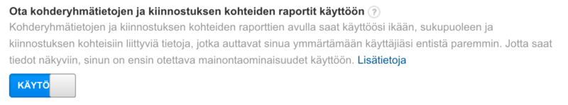 Finnish cookie consent banner with blue “KÄYTÄ” button and “LISÄTIETOJA” link