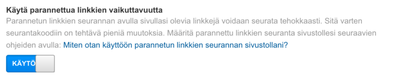 Finnish browser warning banner about privacy settings, with a blue “Käytä” button and “Miten tämä käytäntö muutetaan” link
