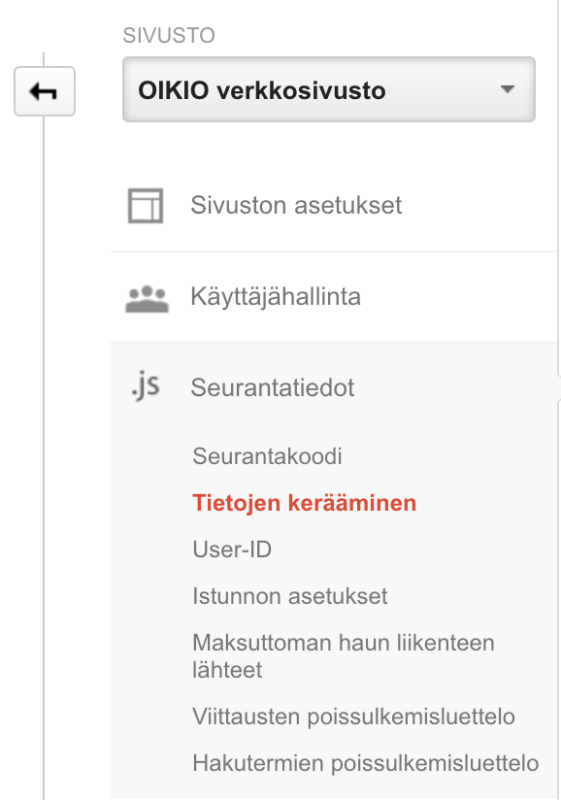 Finnish settings menu with “Seurantatiedot” selected and “Tietojen kerääminen” highlighted in red