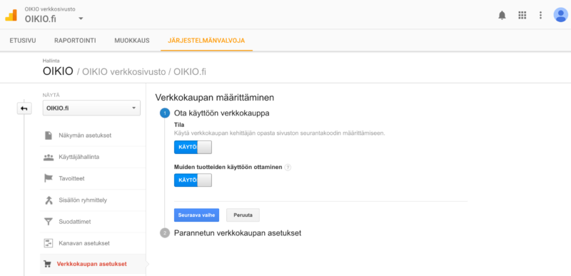 Verkkosivu, jossa näkyy asetusten hallintapaneeli, vasen sivupalkki ja vahvistusvaihtoehdot pääpaneelissa
