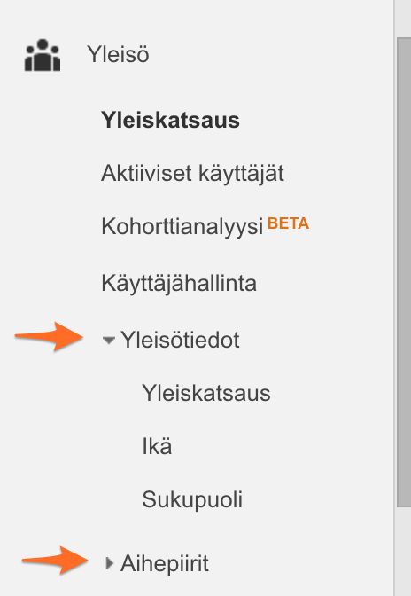 Suomalainen analytiikkasivupalkki, jossa Yleistiedot- ja Aihepiirit-osiot on korostettu oransseilla nuolilla