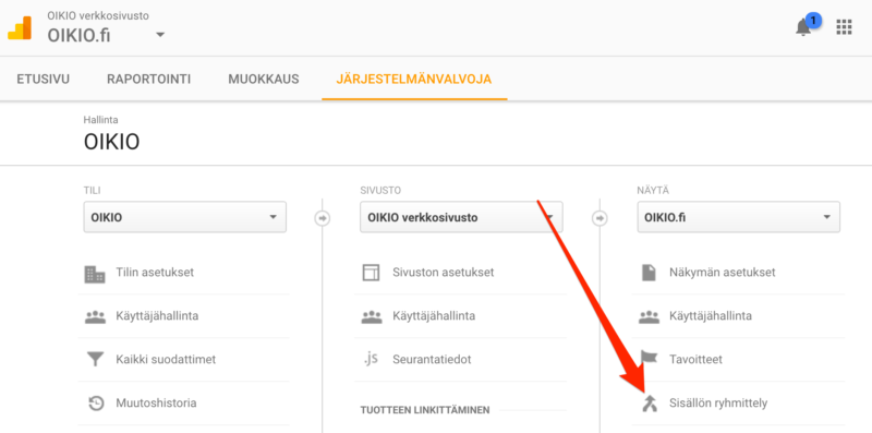 Kuvakaappaus verkkosivuston kojelaudasta, jossa punainen nuoli osoittaa oikeanpuoleisen valikon alimmaiseen vaihtoehtoon.