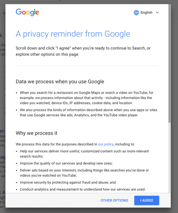 Googlen tietosuojamuistutussivu, jossa on vaihtoehdot ”Asetukset” ja sininen ”Hyväksyn”-painike.