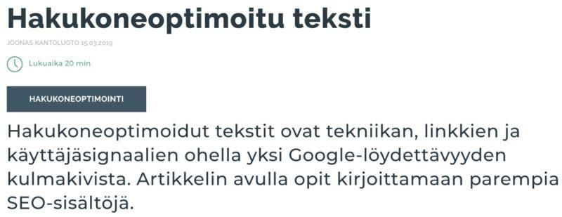 Hakukoneoptimoitu teksti -artikkelin otsikko ja lyhyt kuvaus SEO-sisällöstä.