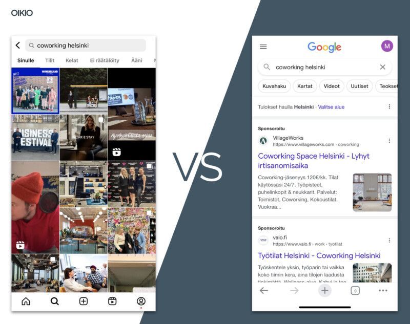 Vierekkäiset mobiililaitteiden Google-hakutulosten näytöt, joissa vertaillaan visuaalista ruudukkoa ja tavallisia verkkotuloksia, merkittynä 