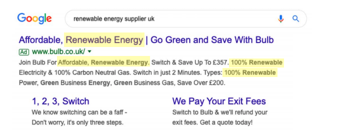 Googlen hakutulossivu haulle ”uusiutuvan energian toimittaja Isossa-Britanniassa”, jossa on mainoksia Ison-Britannian energiantoimittajille