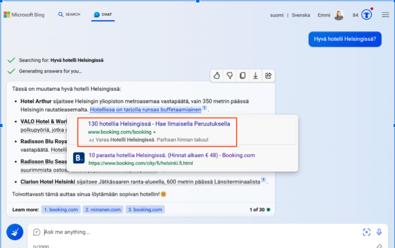 Microsoft Bing Copilot -keskustelusivu, jossa on hakutulosten alasvetovalikko ja punaisella korostettu ehdotusruutu