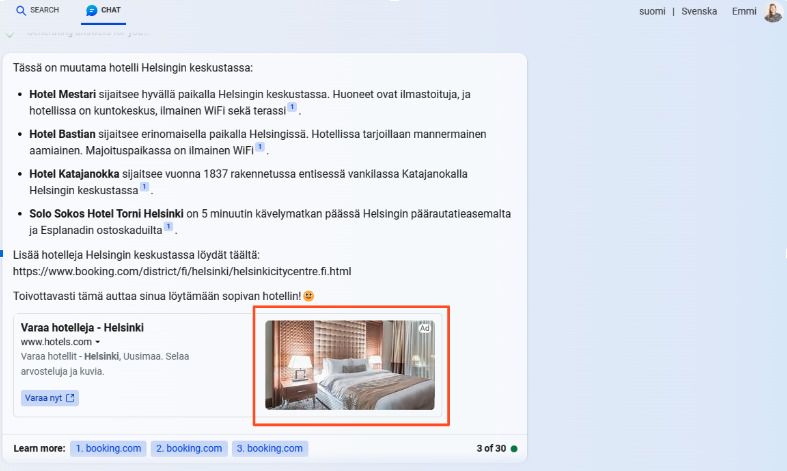 Verkkosivu, jossa on luettelomerkkejä ja pieni kuva modernista huoneesta punaisella reunustetun laatikon sisällä