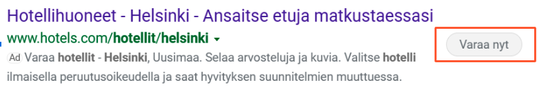 Hotelikiinnote Helsinki -hakumainos, jossa on vihreä otsikko, vihreä URL-osoite ja oikealla puolella 