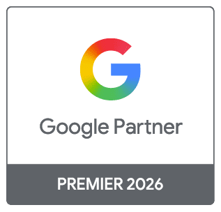 Google Partner Premier 2026 -merkki, jossa on värikäs G-logo valkoisella taustalla ja tummanharmaa alatunniste.