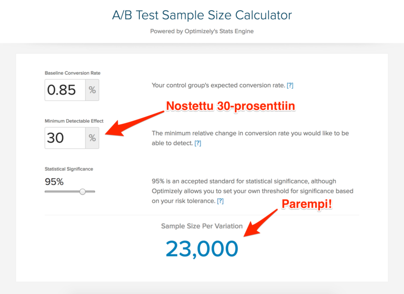 A/B-testin otoskoon laskuri, jossa on syötteet ja punainen nuoli, joka osoittaa 30 %:n varianssiin.