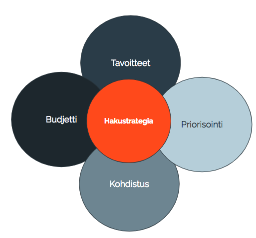 Harmaista ja sinisestä ympyrädiagrammista koostuva strategia: keskiössä oranssi “Hankastrategia”, ympärillä Budjetti, Tavoitteet, Priorisointi ja Kohdistus.