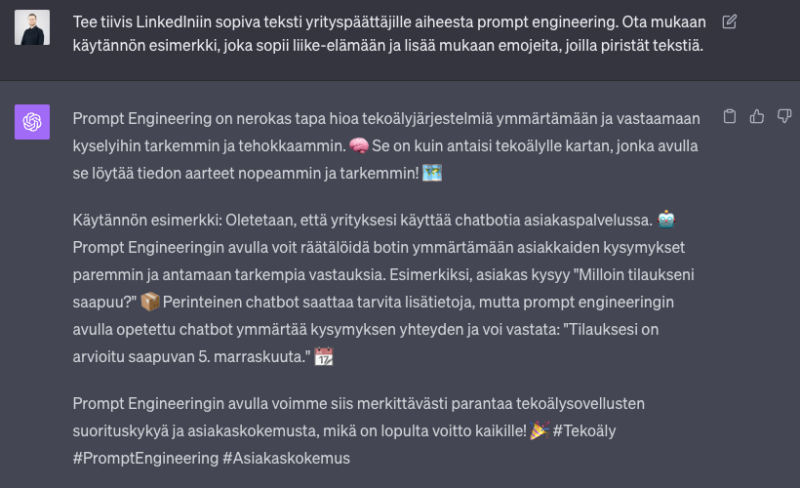 Suomalainen some-julkaisu pimeässä tilassa, tekstillä ja kahdella kommentilla tekoälykehotteista ja väärästä tiedosta