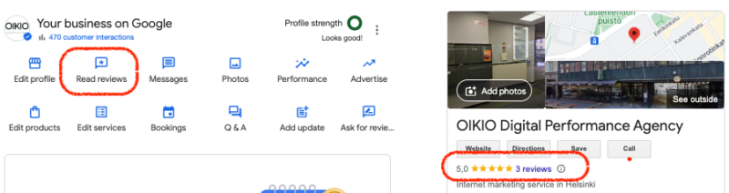 Google-yritysprofiilin käyttöliittymä, jossa verkkosivusto- ja arvosteluosiot on ympyröity punaisella