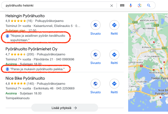 Googlen hakutulossivu, jossa on kaksi punaisella ympyröityä hakutulosta ja karttapaneeli oikealla.