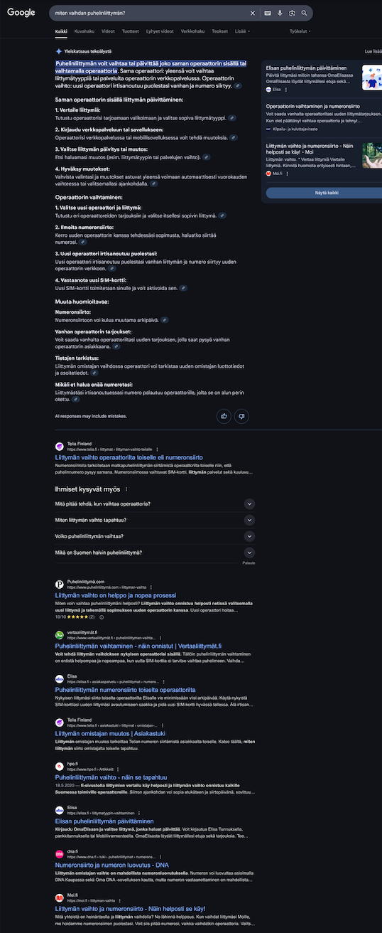 Tummateemainen hakutulossivu tietokoneen näytöllä, jossa on tulosluettelo ja sivupaneeli.