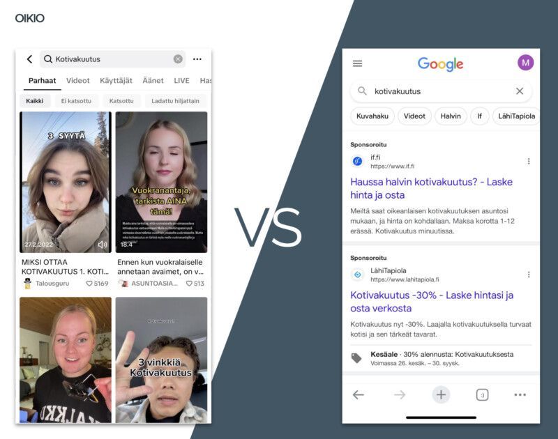 TikTok-hakutulosten ja Google-hakutulosten vertailu jaetun näytön tilassa kasvoihin liittyvällä kyselyllä, jonka keskellä on 