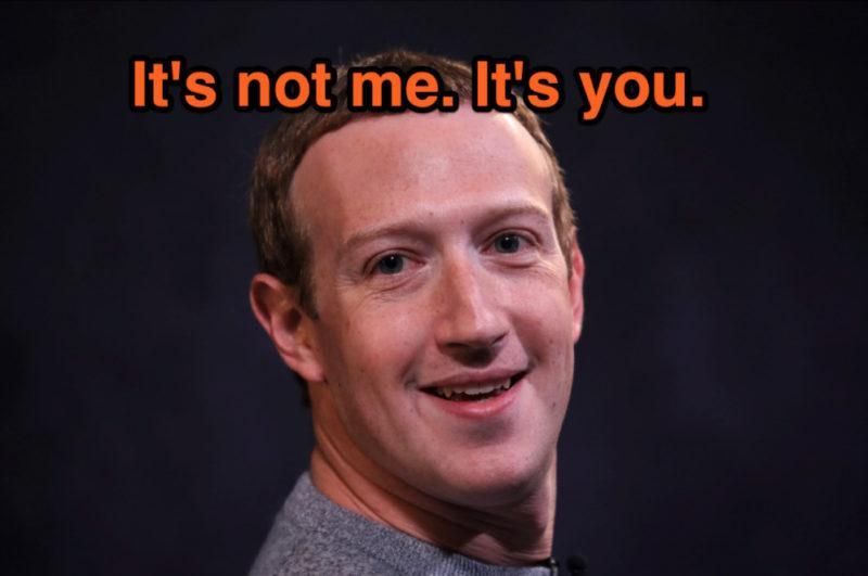 Meemi, jossa Mark Zuckerberg hymyilee ja hänen edessään on oranssi teksti: 