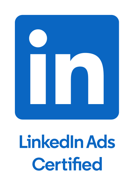 LinkedIn Ads Certified -merkki sinisellä LinkedIn-logolla ja -tekstillä