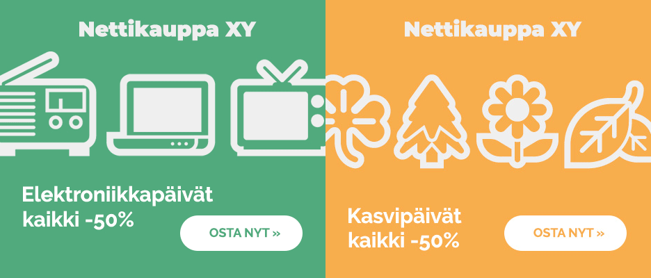 Kaksi vihreää ja oranssia suomalaista Nettikauppa XY:n alennusbanneria, joissa on elektroniikka- ja puutarhakuvakkeita, 