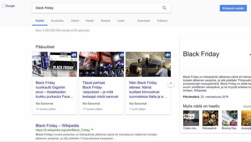 Googlen hakutulossivu haulle ”Black Friday”, jossa näkyvät tuote- ja ostosmainokset sekä Black Friday -tietopaneeli.