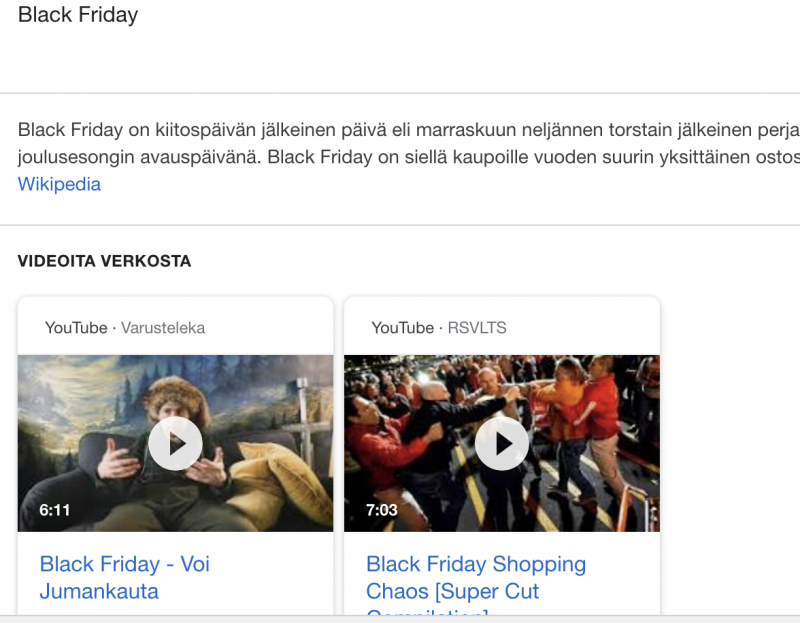 Black Friday -verkkosivu, jossa on johdantoteksti ja kaksi upotettua YouTube-videon pikkukuvaa ostoskaaoksesta