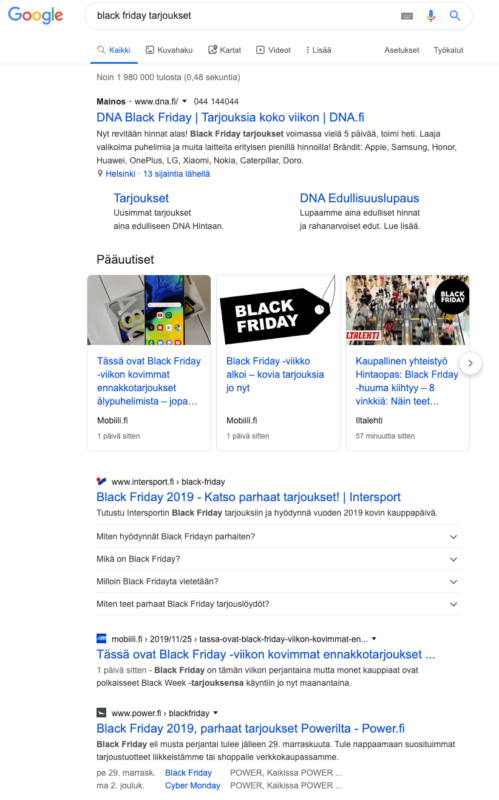 Googlen hakutulossivu haulle ”Best Buy Black Friday”, jossa näkyvät ostoslinkit ja tuotetarjousruudut