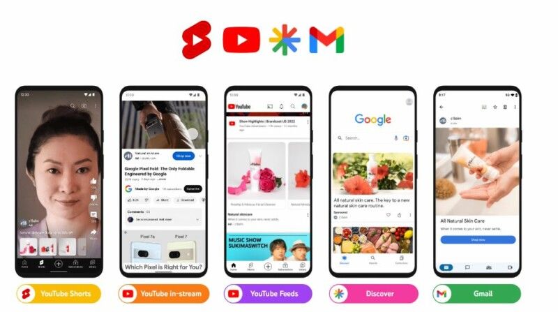 Viisi älypuhelinsovelluksen näyttöä, joissa näkyy ostos-, Google-, ruoka- ja chat-palveluita värikkäillä kuvakkeilla.