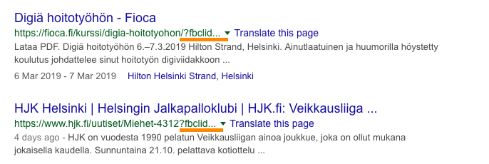 Search results page showing “HKI Helsinki | Helsingin Jalkapalloklubi | HJK” links in Finnish.