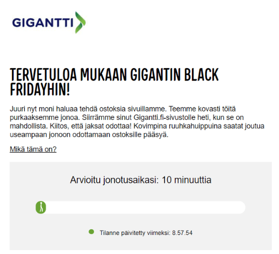 Gigantin Black Friday -jonosivu, jossa on 10 minuutin arvioitu odotusaika ja edistymispalkki