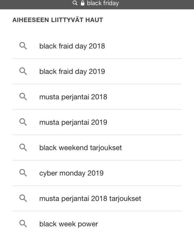 Mobiilihakuehdotuksia hakusanalle ”musta perjantai” suomeksi, valkoisella taustalla ja suurennuslasikuvakkeilla