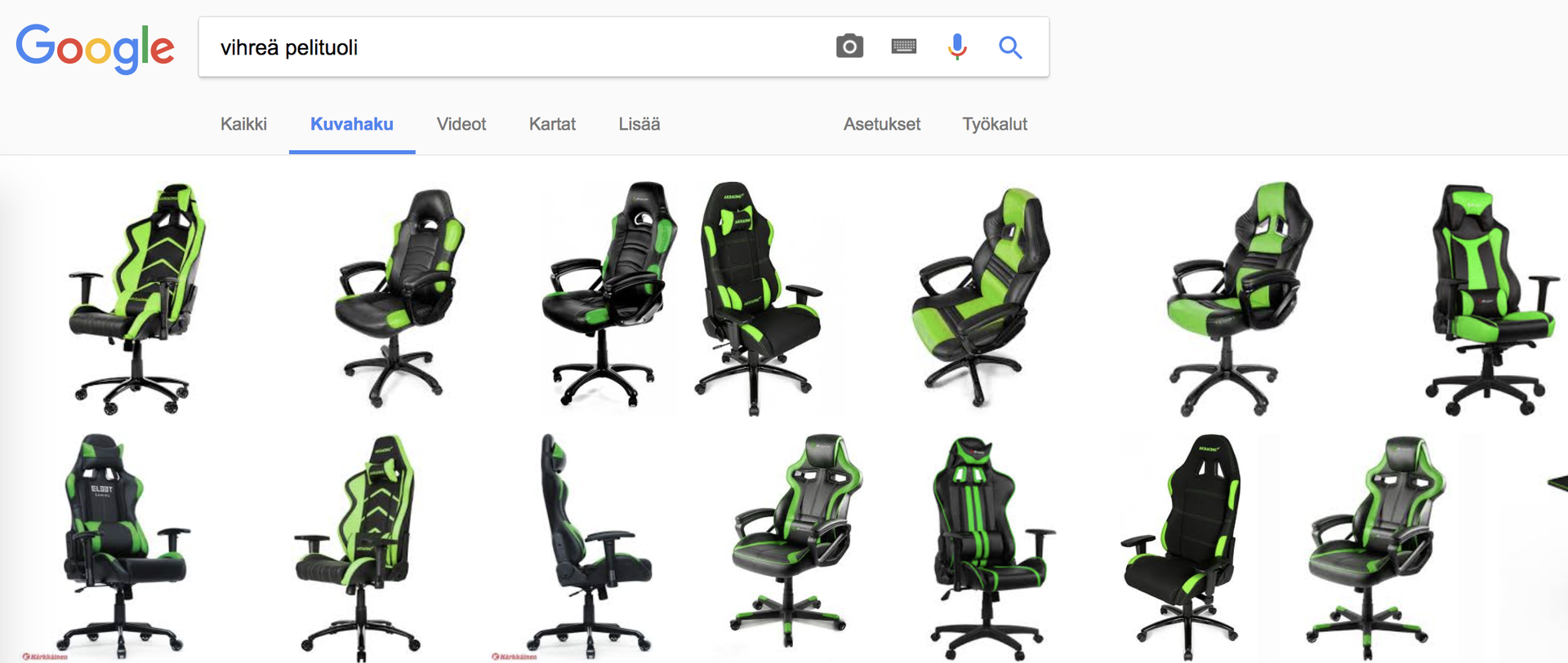 Google Kuvahaun tulokset, joissa näkyy mustia ja neonvihreitä pelituoleja valkoisella taustalla