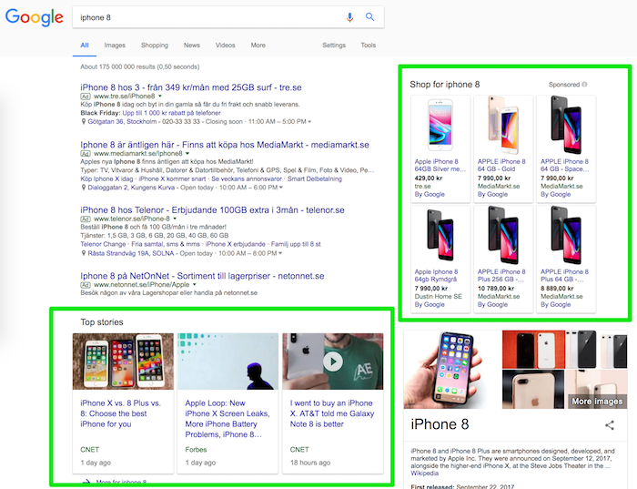 Googlen hakutulossivu älypuhelinhaulle, jossa ostosmainokset ja tuotepikkukuvat on korostettu vihreällä