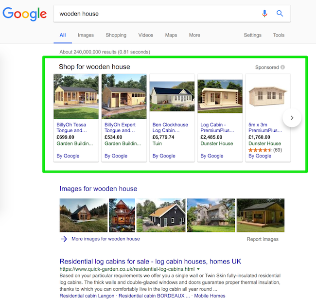 Googlen hakutulokset haulle ”puutalo”, joissa näkyy sponsoroituja taloilmoituksia ja pikkukuvia