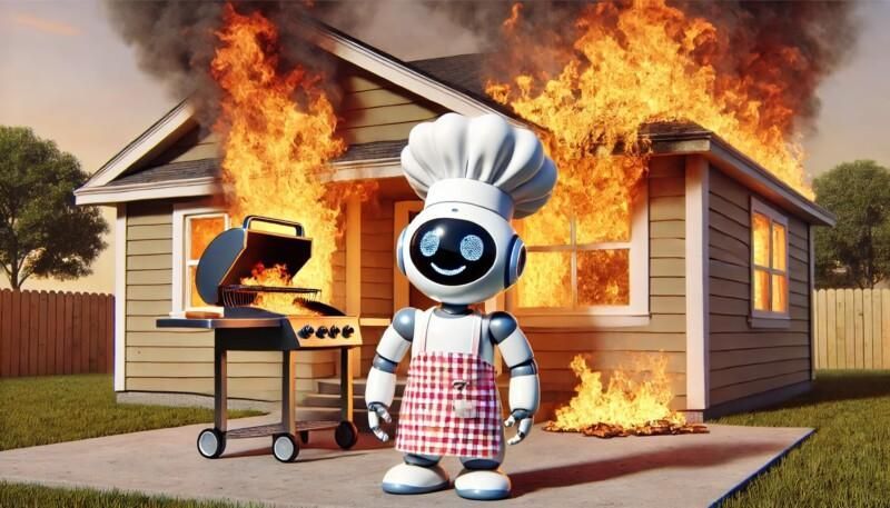 Robottikokki grillaa palavan talon vieressä, jonka ikkunoista tulvii liekkejä ja savua.
