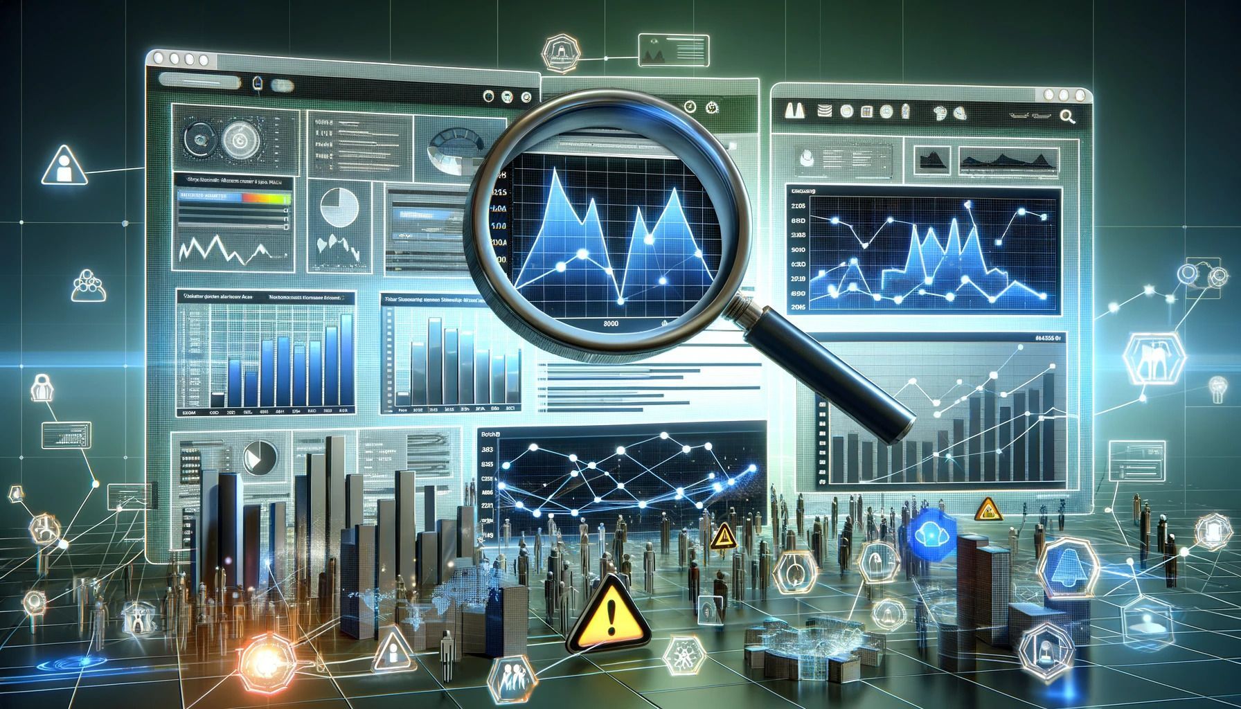 Futuristinen data-kojelauta, jossa on kaavioita ja suurennuslasi analysoimassa sinisiä analytiikkakaavioita