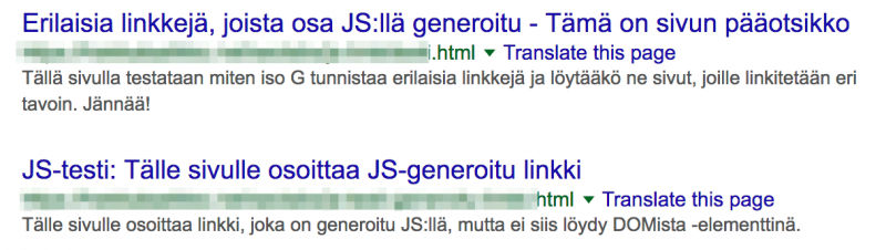 Googlen hakutuloskatkelmia suomeksi, sinisillä linkkien otsikoilla ja violeteilla vierailluilla linkeillä.