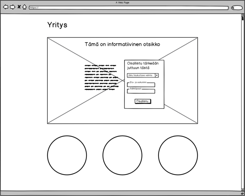 Verkkosivuston malli otsikolla, sankaribannerilla, kirjautumislomakkeella ja kolmella pyöreällä sisällön paikkamerkillä