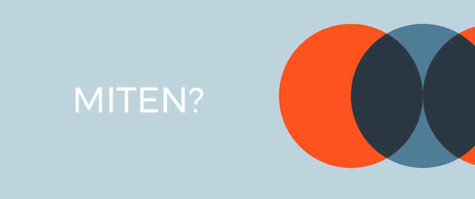 Vaaleansininen banneri, jossa on teksti ”MITEN?” ja päällekkäin olevat oranssit ja tummansiniset ympyrät oikealla.