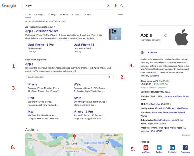 Googlen hakutulokset Applelle, tärkeimmät linkit, tuotteet, kartta ja oikeanpuoleinen tietopaneeli.