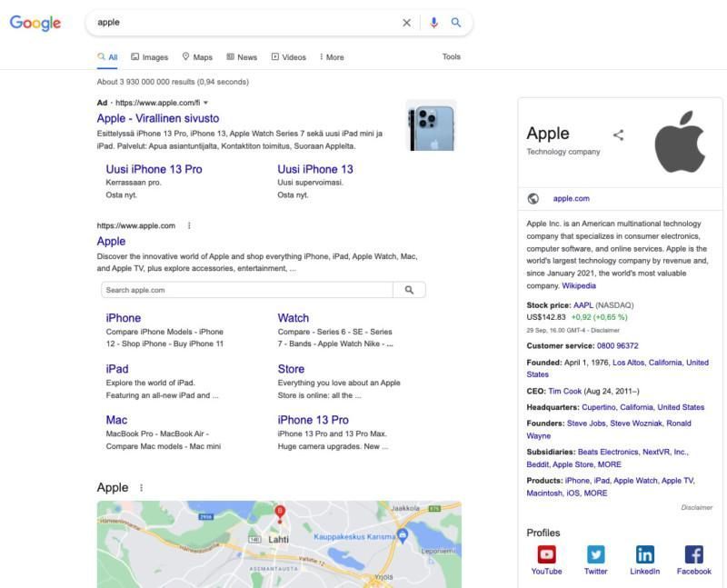 Googlen hakutulokset Applelle, Apple-logon tietopaneeli oikealla.