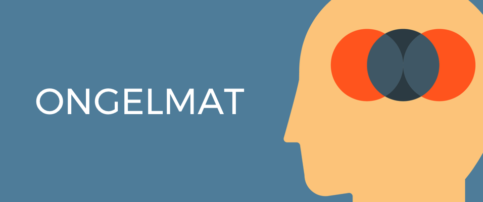 Ongemat-logo, jossa päällekkäiset oranssit, tummanharmaat ja punaiset ympyrät sinisellä taustalla profiilipään siluetin vieressä