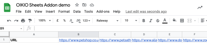 Google Sheets -laskentataulukko, jossa on URL-osoite solussa ja Sheetsin vakiotyökalurivi näkyvissä.