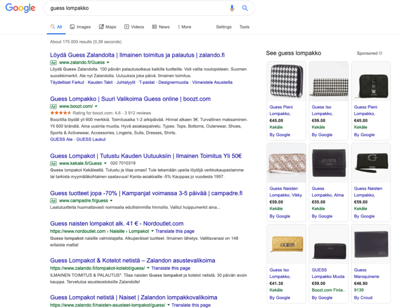 Googlen hakutulossivu kannettavan tietokoneen koteloille, tuotekuvat ja ostoslinkit oikealla puolella