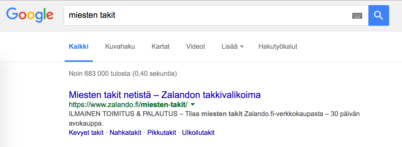 Googlen hakutulossivu, jonka hakukentässä on kysely ”nokia talk”.