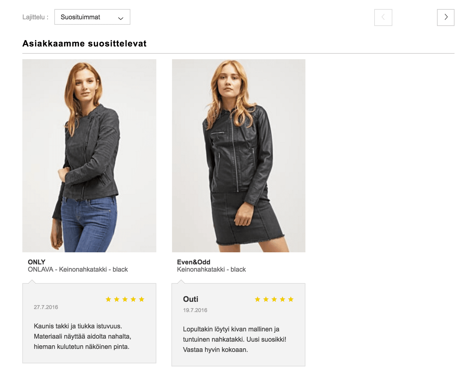 Verkkokauppasivu, jossa näkyy kaksi tuotekuvaa tummanharmaata asua mallina olevasta naisesta