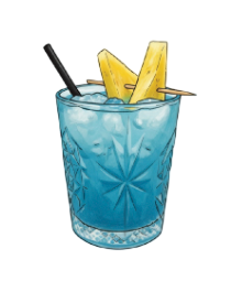 Cóctel azul en vaso texturizado, adornado con rodajas de piña y paja negra.