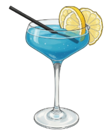 Cóctel azul en copa de tallo, decoración de limón, paja negra.