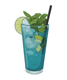 Cóctel azul con lima, menta, hielo y pajita negra.