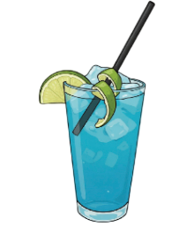 Cóctel azul en vaso alto, adornado con lima y ralladura, con una pajita negra.